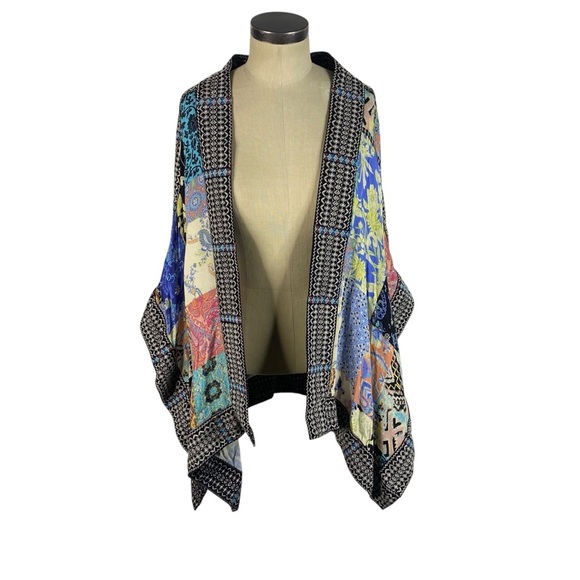 John Mark Embroidered Trim Patchwork Kimono Cardigan XL Blue Black Multi Color - Picture 2 of 11